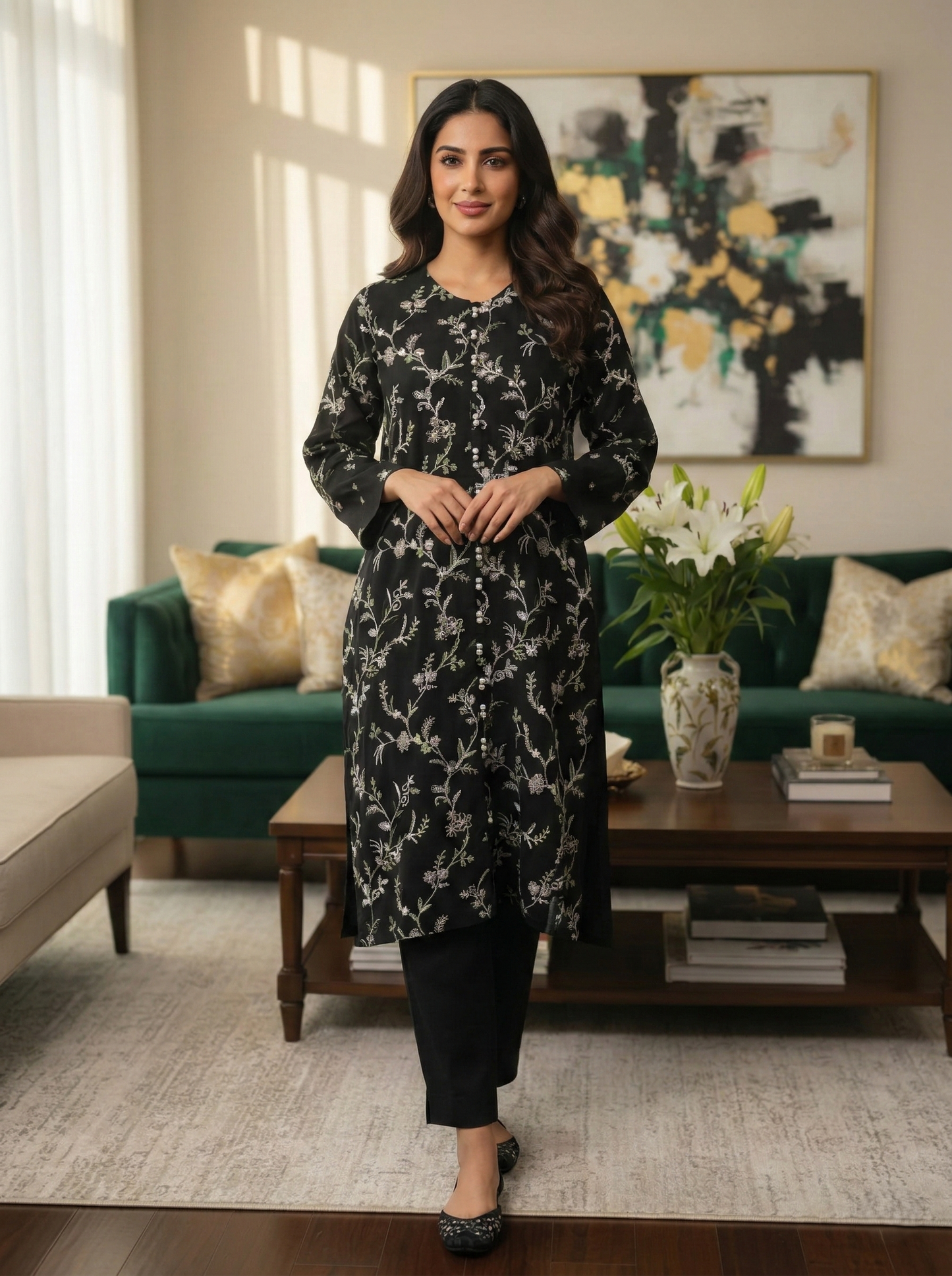 BLACK MIX EMBROIDERED STITCHED 2PC