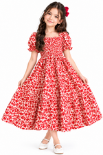 Girls’ Red Floral Puff-Sleeve Dress