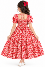 Girls’ Red Floral Puff-Sleeve Dress