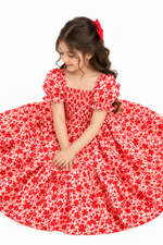 Girls’ Red Floral Puff-Sleeve Dress