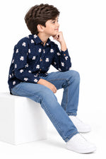 Boys Printed Casual Shirt – Navy Blue Teddy Bear Design
