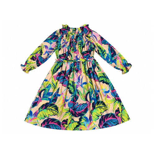 Tropical Print Long-Sleeve Dress