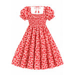 Girls’ Red Floral Puff-Sleeve Dress