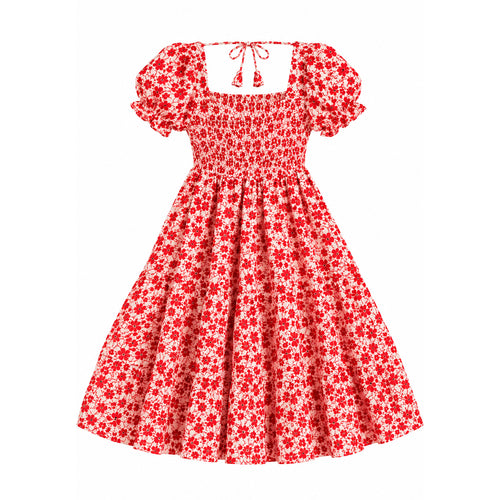 Girls’ Red Floral Puff-Sleeve Dress