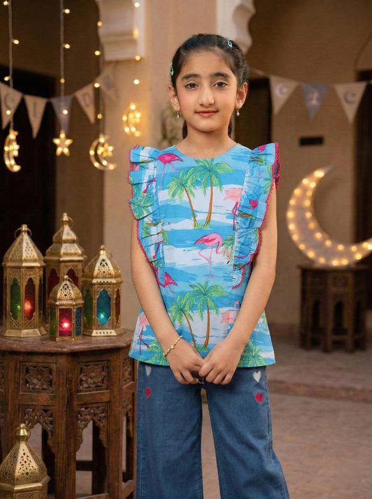 Flamingo printed lace top