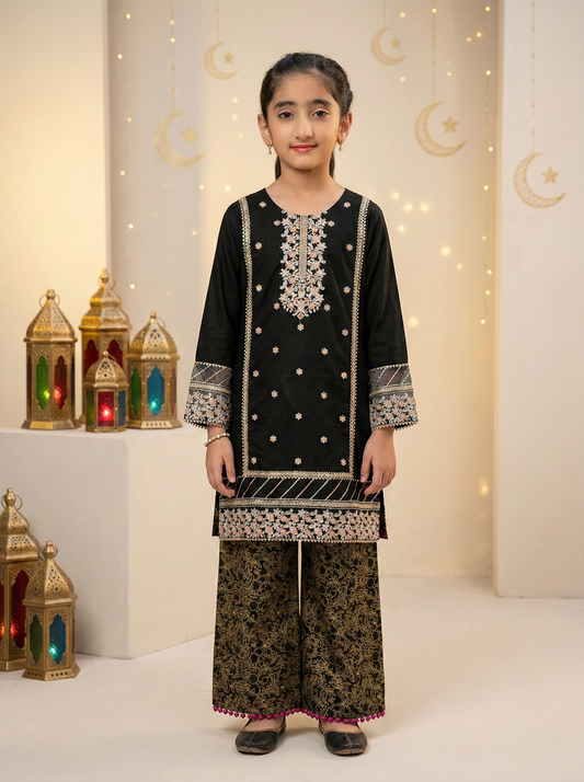 BLACK MIX EMBROIDERED STITCHED 2PC