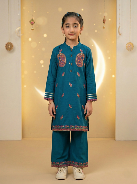 TEAL MIX EMBROIDERED STITCHED 2PC