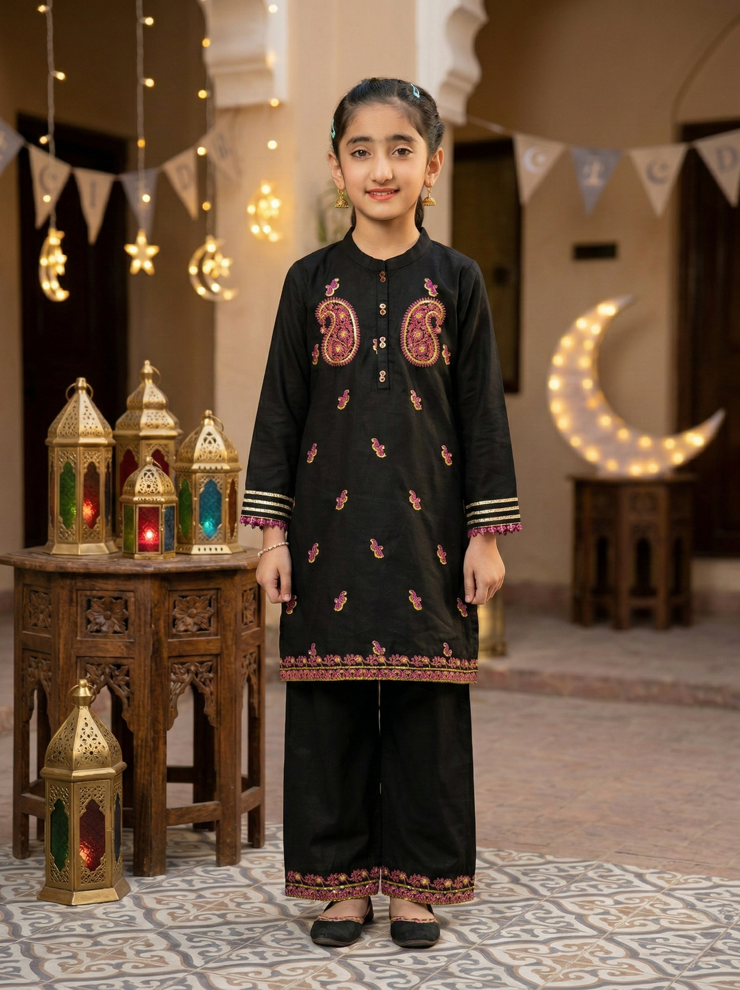 BLACK MIX EMBROIDERED STITCHED 2PC