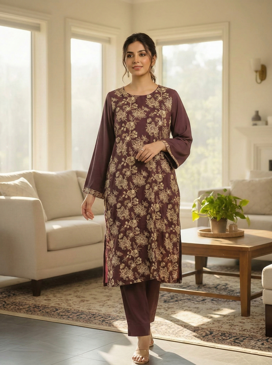 DK PURPLE MIX EMBROIDERED STITCHED 2PC