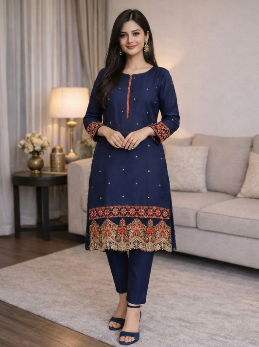 BLUE MIX EMBROIDERED STITCHED 2PC