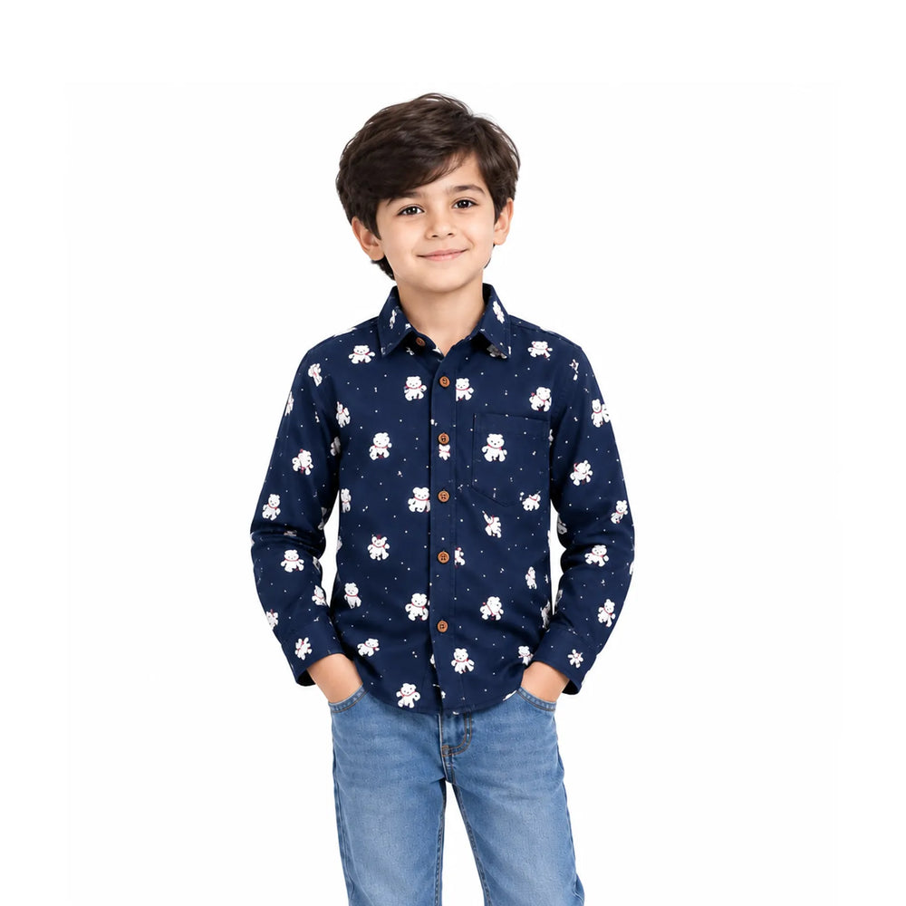 Boys Printed Casual Shirt – Navy Blue Teddy Bear Design
