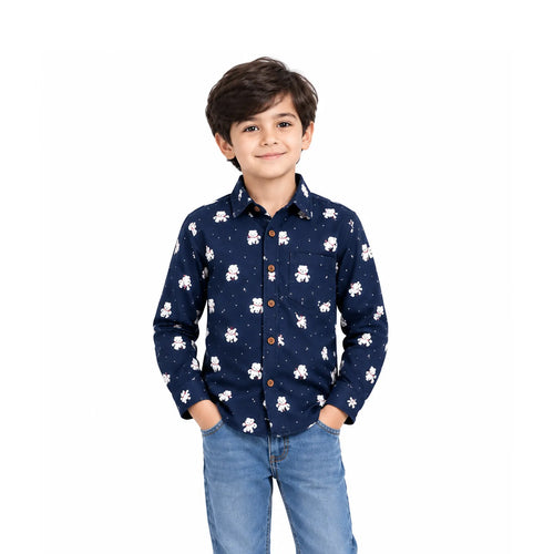 Boys Printed Casual Shirt – Navy Blue Teddy Bear Design